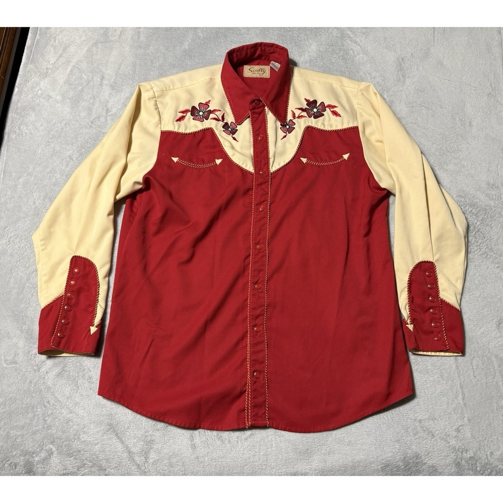 Scully Western Shirt Mens Large Red Floral Embroidered Snap Button Pearl Snap